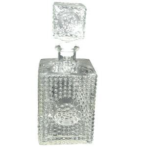 Vintage Clear Glass Decanter Hobnail Pattern MCM Barware Medallion Design 10"